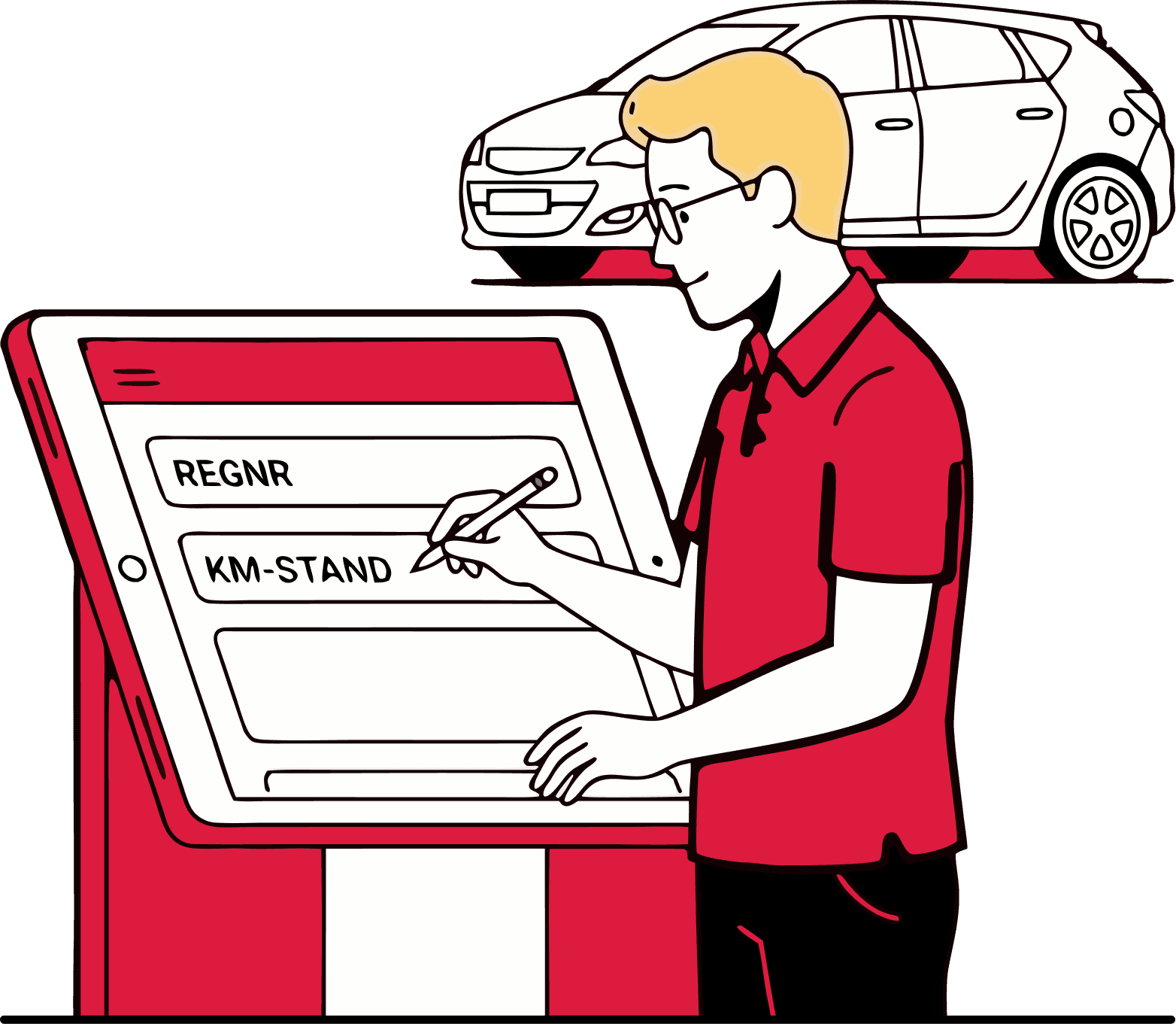 Illustrasjon: person som fyller ut regnr. og kilometerstand for å selge bilen til Sonja.